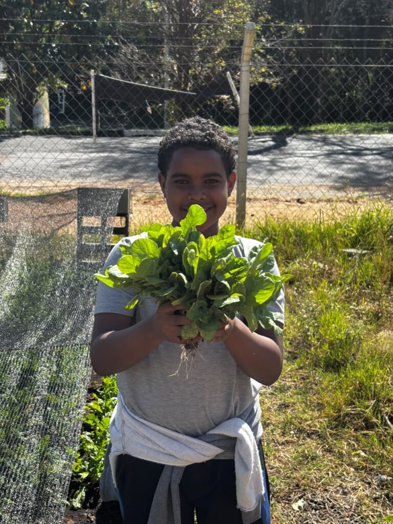 Menino segura um maço de verduras colhidas na horta do ANA DIC